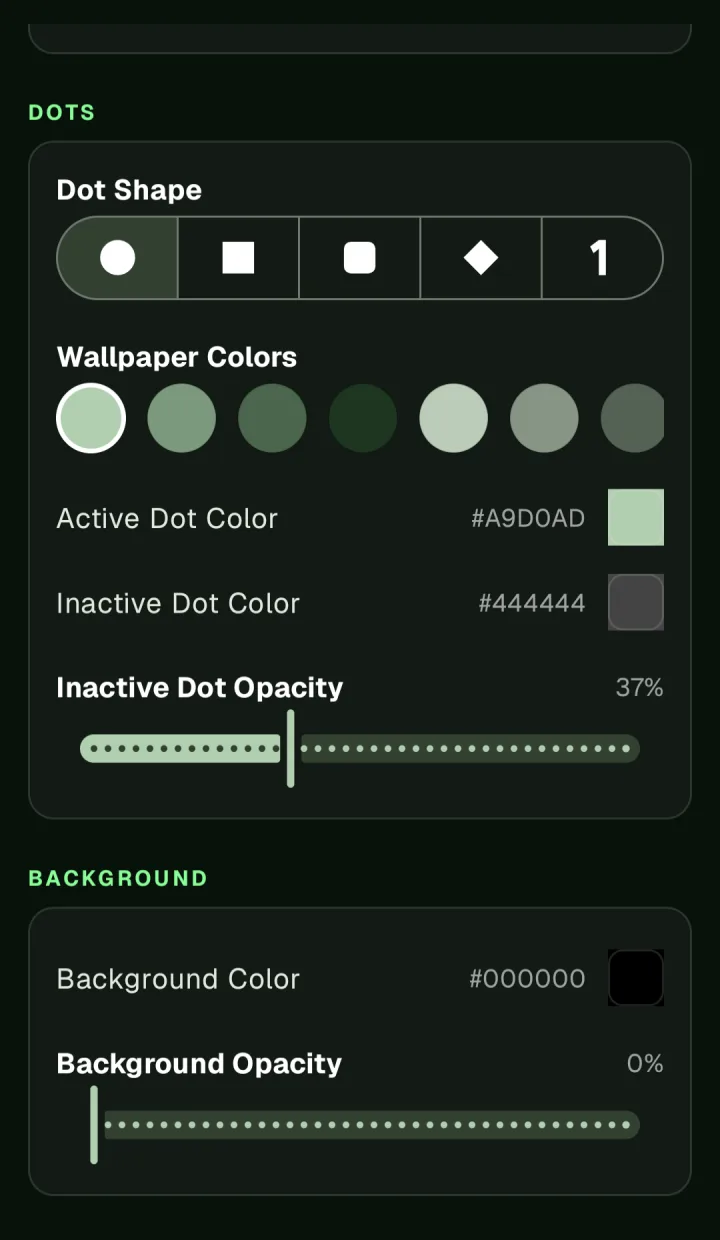 Binary Clock MX settings: wallpaper colors, active and inactive dot colors, and background opacity.
